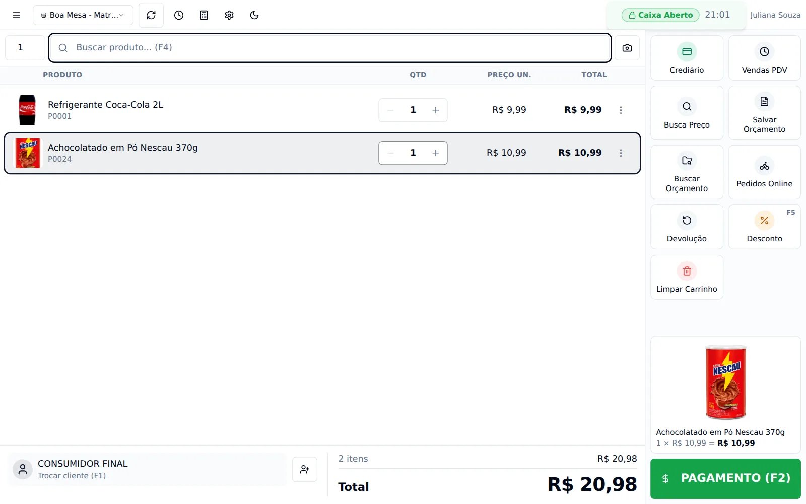 Frente de caixa do Reconize com o carrinho aberto e o botão de pagamento